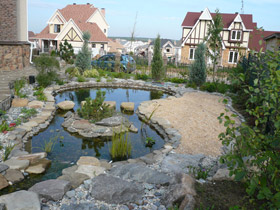 Изюминкой декоративного пруда является небольшой зеленый островок и дорожка из каменных плит, позволяющая пройти над поверхностью воды, сократив путь из дома до пляжа
